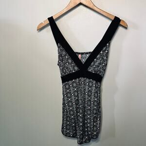 Tempted Tank Top VTG Y2K BabyDoll Knit Black Blue Abstract Festival Tie Back M